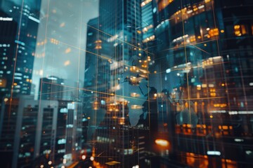 Abstract world map overlay on modern business center  research strategy.