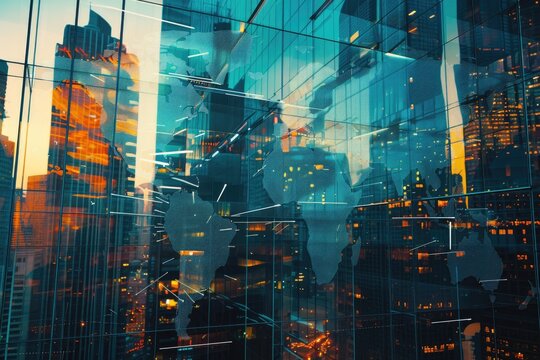 Abstract world map overlay on modern business center research strategy. - Powered by Adobe