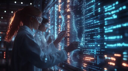 Scientists engaged in CRISPR research in a modern laboratory analyzing genetic data