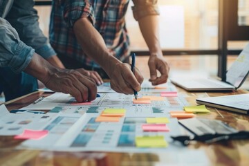 A group of people collaborating on a project, with laptops and papers spread out