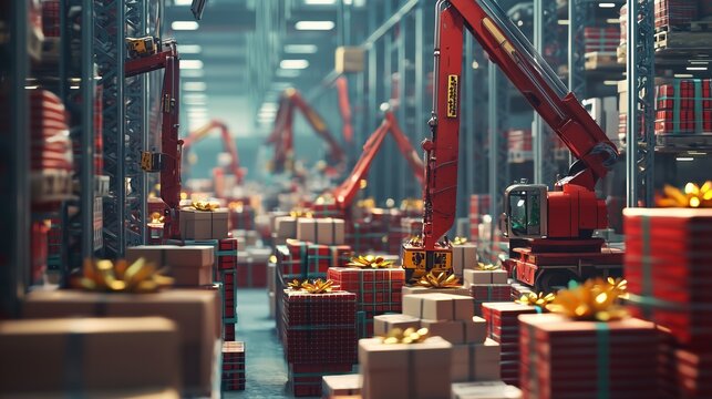 A bustling christmas season warehouse with automated systems efficiently handling gift packages.