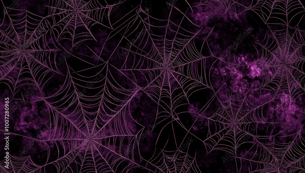Wall mural purple spider webs on a dark background, a halloween web pattern with cobwebs and spiders generative