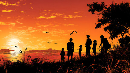 A Loving Family Enjoying a Breathtaking Sunset, Creating Lasting Memories Together in Nature's Beauty