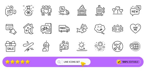 Ice cream, Sleep and Bike app line icons for web app. Pack of Fireworks, Journey, Love heart pictogram icons. Puzzle, Map, Event click signs. Yummy smile, Airplane mode, Fishing rod. Vector