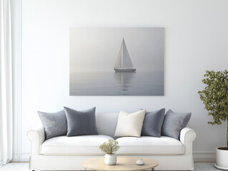 Living room design with serene sailboat artwork, complemented by cozy furniture and natural elements