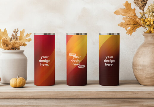 Three Blank White Tumblers on a Cozy Autumn Shelf with Generative AI
