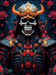 Fototapeta premium A stylized samurai skeleton in ornate armor surrounded by red flowers.