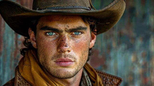 A man in a brown cowboy hat stares intensely into the camera, his blue eyes piercing through the lens