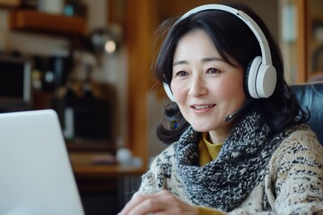 An English learner engaged in a conversation while sitting at a cozy home workspace