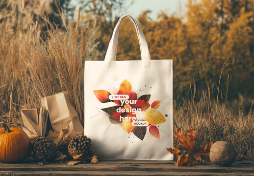 Tote Bag Mockup in Autumn Outdoor Setting with Generative AI