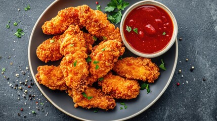 Fototapeta premium Fried breaded chicken tender strips with tomato ketchup sauce, black background top view. Crispy meat nuggets on plate