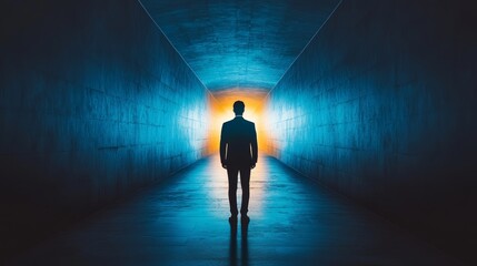 A man is walking through a tunnel with a light shining on him
