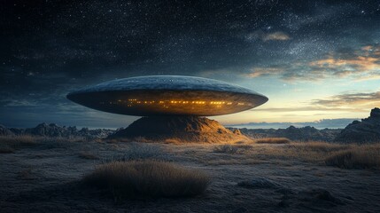 Obraz premium A large, alien-like object is sitting on a hill in a desert