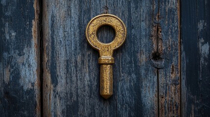 A golden key is sitting on a wooden surface