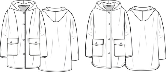 Unisex Hooded Coat. Technical fashion illustration. Front and back, white color. Unisex CAD mock-up.