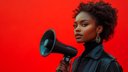 A woman with a microphone is standing in front of a red background. She is wearing a black jacket and gold earrings