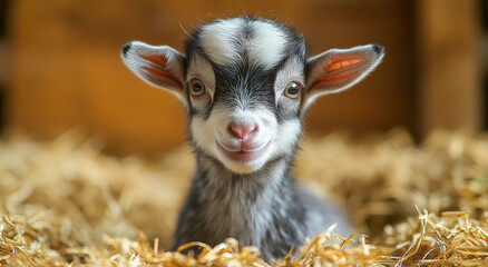 A baby goat is sitting in a hay bed. The goat is smiling and looking at the camera
