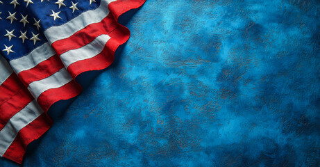 Fototapeta premium A blue background with a red and white American flag on it. The flag is folded and placed on the left side of the image