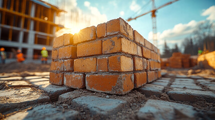 A brick wall is being built with a group of workers. The sun is shining on the bricks, making them look warm and inviting. The workers are wearing hard hats and safety gear