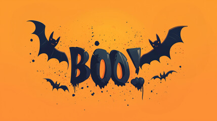 Boo! exclamation lettering. Halloween quote funny design with bats.