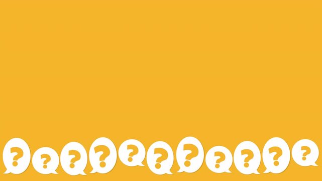 A simple, clean motion design of white question marks in speech bubbles. Perfect for presentations, websites, or social media posts related to questions, FAQs, or customer support.