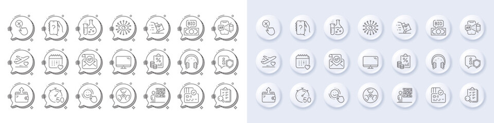Medical flight, Card and Chemical hazard line icons. White pin 3d buttons, chat bubbles icons. Pack of Delivery cart, Smile, Inspect icon. Vector