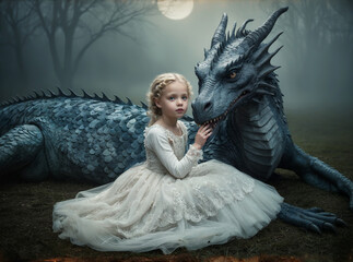 Surreal image of a young girl gently touching a dragon in a misty forest. for fantasy book covers, movie promotions, or children's imagination content.