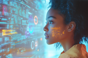 Woman Interacting with Futuristic Digital Interface