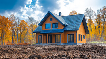 A house with a black roof and wooden siding sits in a field of dirt. The house is surrounded by trees and has a porch