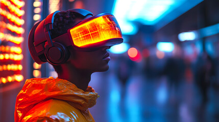 A woman wearing a yellow jacket and a virtual reality headset. Concept of futuristic technology and the woman's excitement to try it out