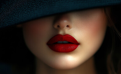 A woman with red lips and a black hat. The hat is covering her face