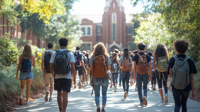 Students Walking Together on College Campus During First Day of Semester