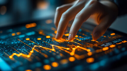 Naklejka premium A hand is touching a screen with a graph on it. The graph is orange and has a lot of lines. Concept of focus and concentration as the hand is reaching out to the graph