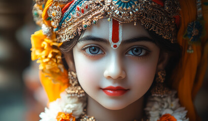 A young girl with a gold and yellow headdress and gold earrings. A festival of happy shree krishna janmashtami