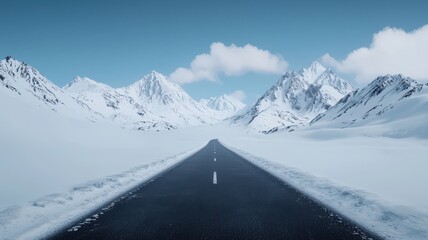 Snowy mountain pass with a winding road, faraway peaks and clouds, sharp focus on every detail, winter scenery unfolding