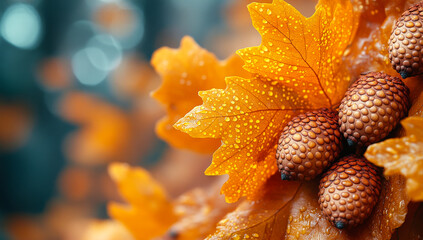 A leaf with a few acorns on it. The acorns are brown and the leaf is orange