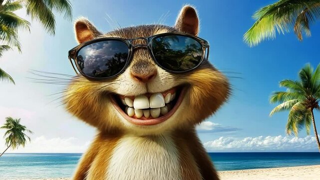 Cheerful Cartoon Squirrel Wearing Sunglasses at the Beach Generative AI
