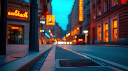 Urban Street at Dusk with Vibrant Neon Lights