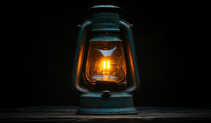 A lantern with a light inside of it is lit up. The lantern is sitting on a wooden surface