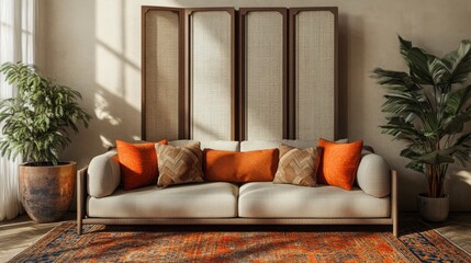 Interior of beautiful living room with cozy sofa, folding screen, pillows, and carpet.