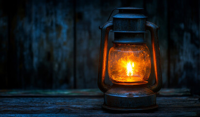 A lantern with a candle inside is lit up in a dark room. The warm glow of the candle creates a cozy and inviting atmosphere. The lantern is placed on a wooden surface