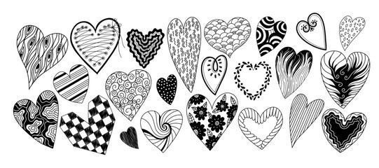 Hearts doodles set. Hand drawn different hearts collection for Valentines day. Symbol of love.