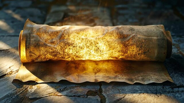 An ancient scroll rests on a stone floor, illuminated by a warm, golden light