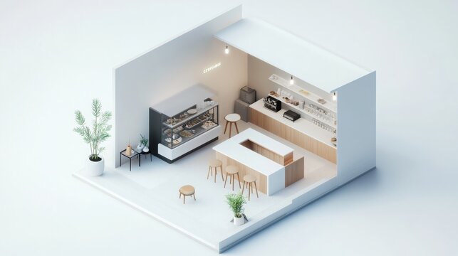 Isometric room minimal cafe store open inside interior architecture 3D rendering. 