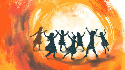 illustration, children dancing in a circle, different nationalities, artistic, minimalist background