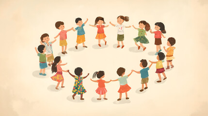 Fototapeta premium illustration, children dancing in a circle, different nationalities, artistic, minimalist background