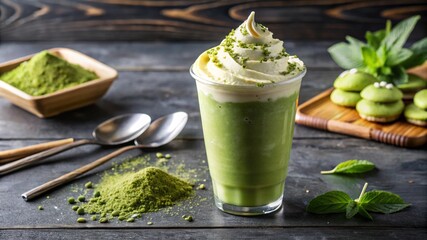 Creamy matcha frappe with rich green tea flavor, refreshing iced beverage.
