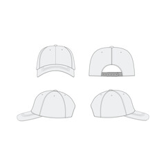  Baseball Cap Technical Drawing - Front, Back and Side View Flat Sketch of Baseball Cap