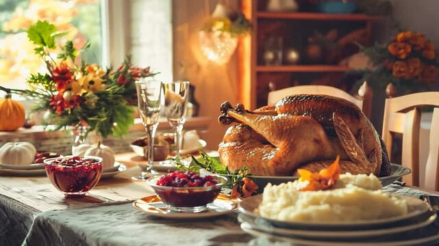 Cooked turkey on the table on a beautiful dish for celebrating Thanksgiving day.	