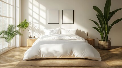Modern minimal bedroom interior design and decoration with white bed and bedding sheet, built-in wall panel, wooden floor. 3D rendering mockup, hotel guest room. --